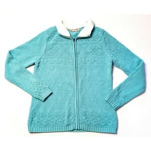 Croft Barrow Sweater Jacket M Teal Sherpa Collar Textured Granny Cottagecore Y2K